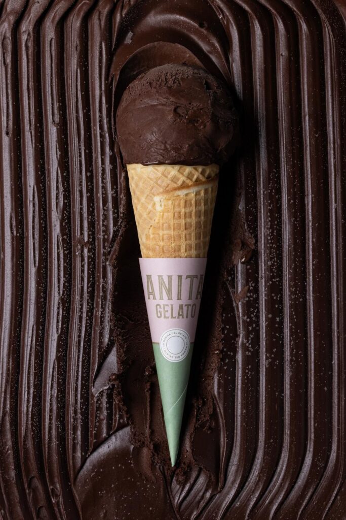 chocolate ice cream cone with a green cone sticking out of it