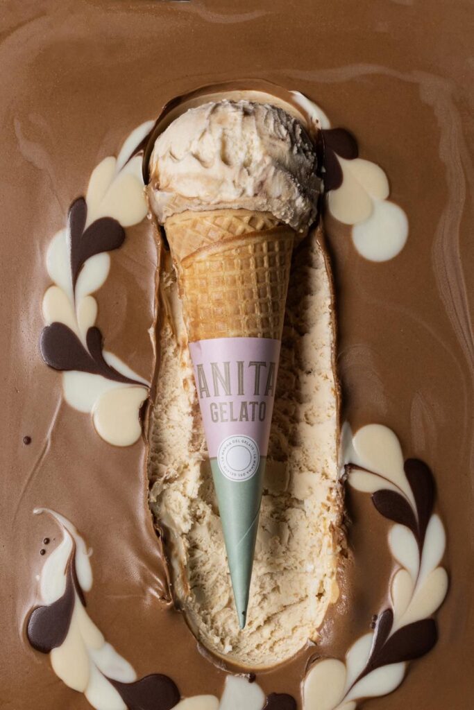there is a chocolate ice cream cone with a chocolate swirl on top