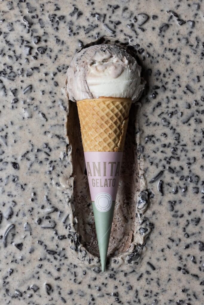there is a cone of ice cream on a table