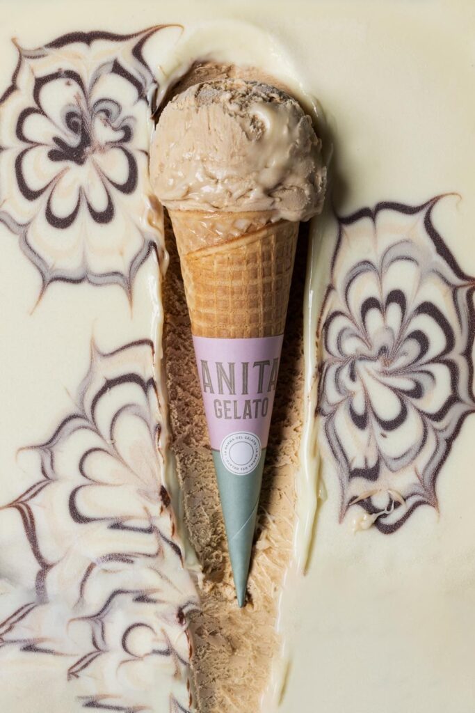 there is a ice cream cone with a cone of ice cream on it