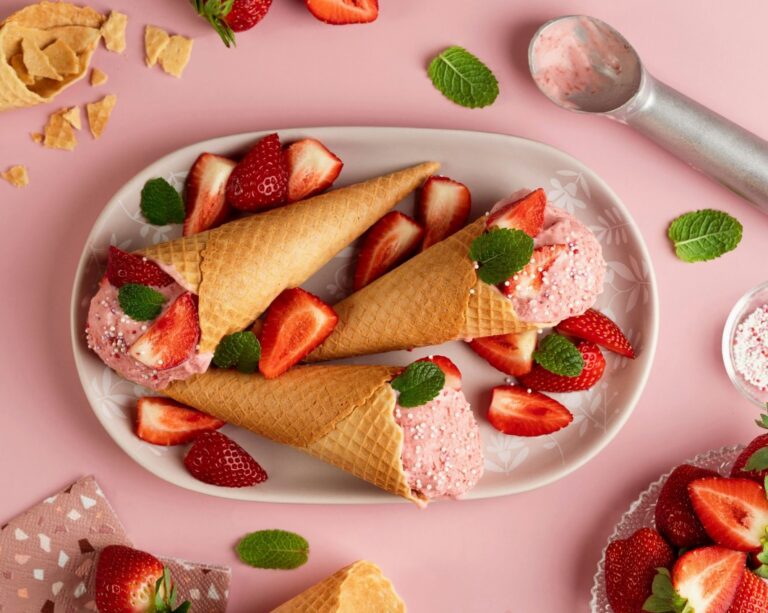 there are three cones of ice cream with strawberries on a plate
