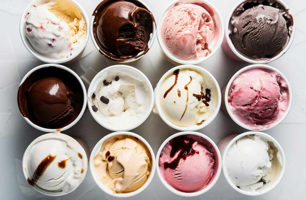 arafected assortment of ice creams in small bowls on a table