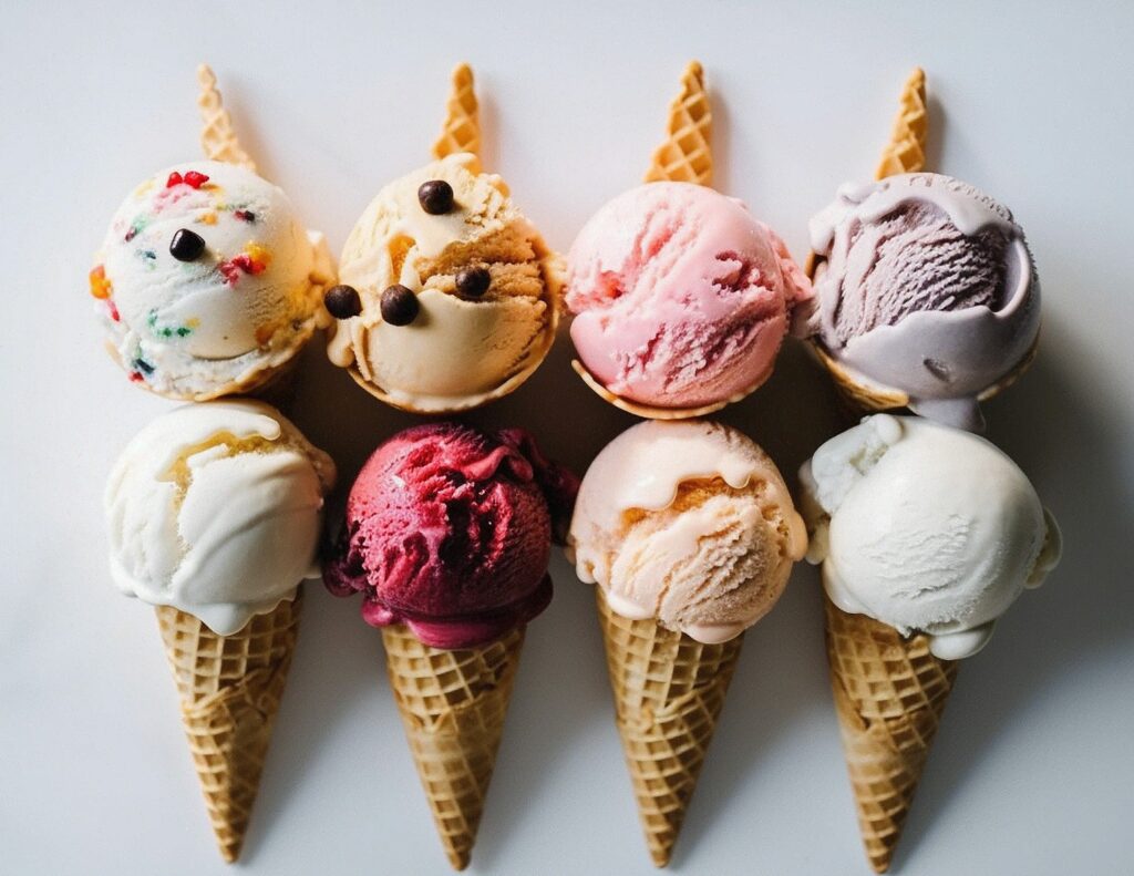 araffy ice cream cones with different flavors of ice cream
