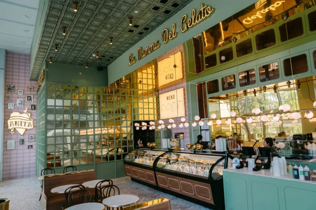 there is a large display of pastries in a bakery