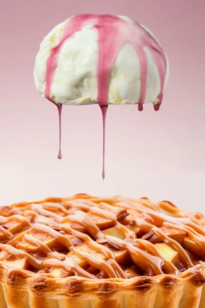 a close up of a pie with a scoop of ice cream on top