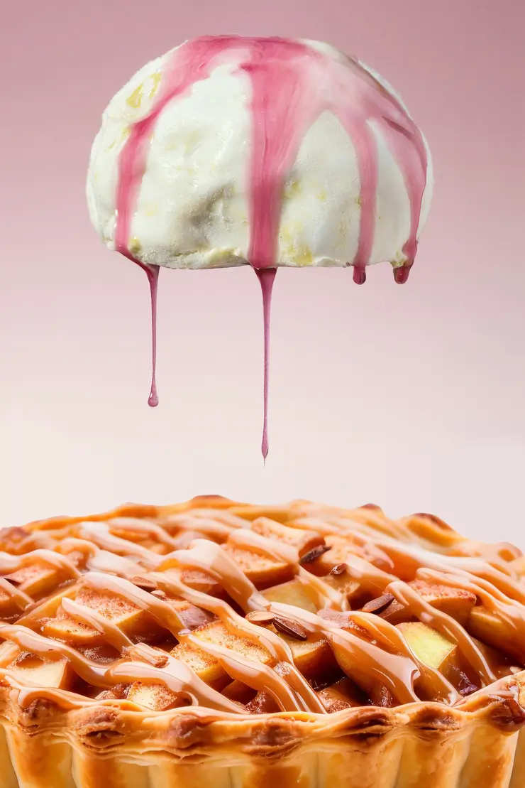 a close up of a pie with a scoop of ice cream on top